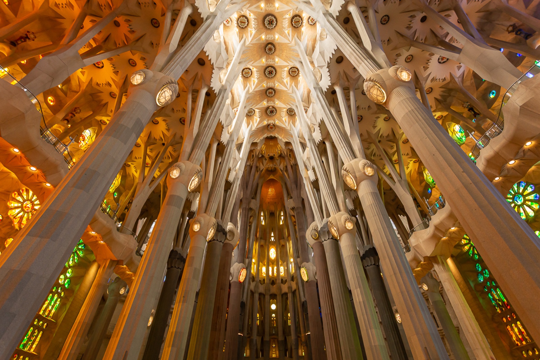 Bóvedas y columnas cálidas vistas desde el interior